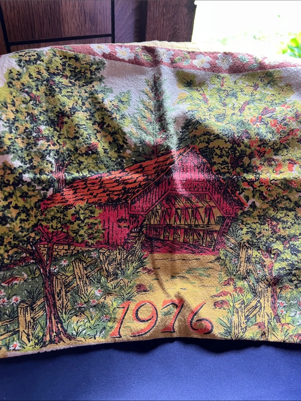Vintage 1976 Calendar Tea Towel with Country Barn Illustration